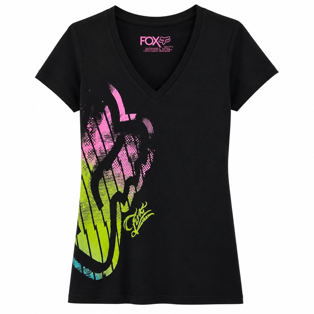 Fox Racing Womens V-Neck Graphic T-Shirt Black Neon Logo Size S Short Sleeve